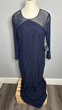 Adrianna Papell Mermaid Lace Illusion Sleeve Navy Full Length Dress Size 10